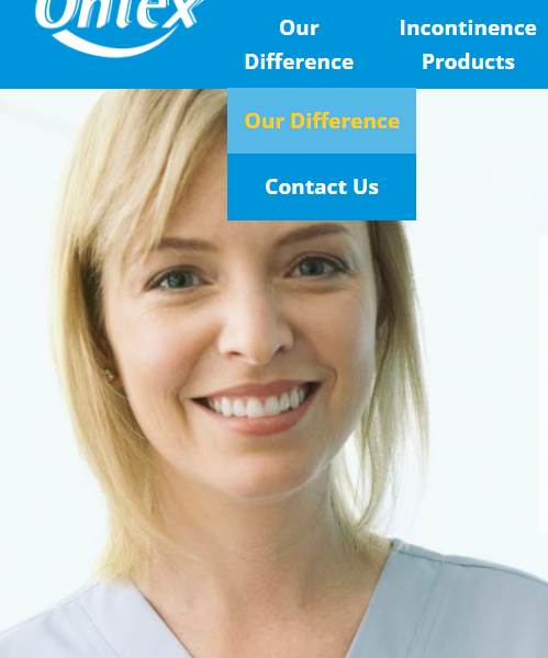 Ontex Healthcare website with navigation menu open and a smiling healthcare professional in the foreground