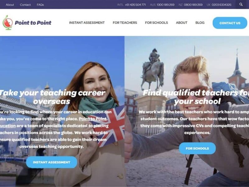Point to Point Education website showing teacher placement services for UK and international schools
